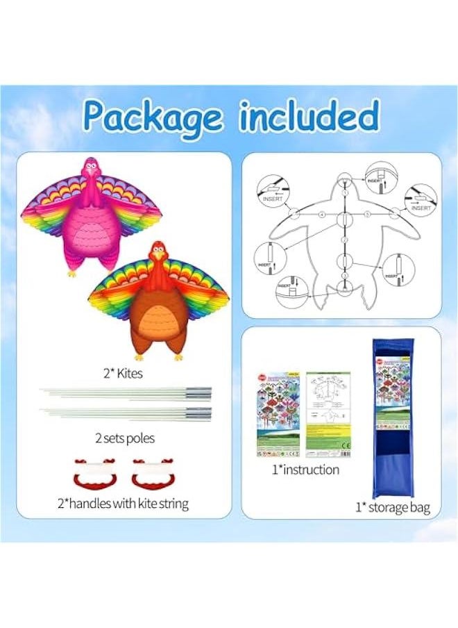2 Pack Thanksgiving Decorations, 70 Large Kites for Adults Easy to Fly Big Thanksgiving Turkey Kites for Kids Ages 8-12 with 328FT Kite String for Beach Trip Park Gift Outdoor Games and Activities