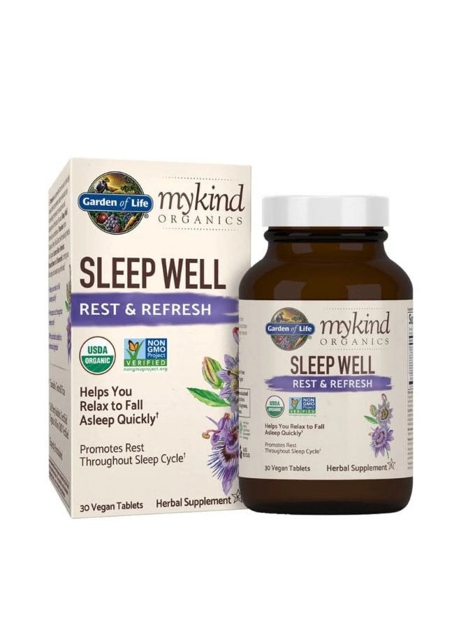 Mykind Organics Sleep Well Rest & Refresh 30 Tablets, Lemon Balm, Green Tea Extract L-Theanine, Valerian Root, Chamomile, Probiotics-Organic Non-GMO Vegan Gluten Free Herbal Supplement