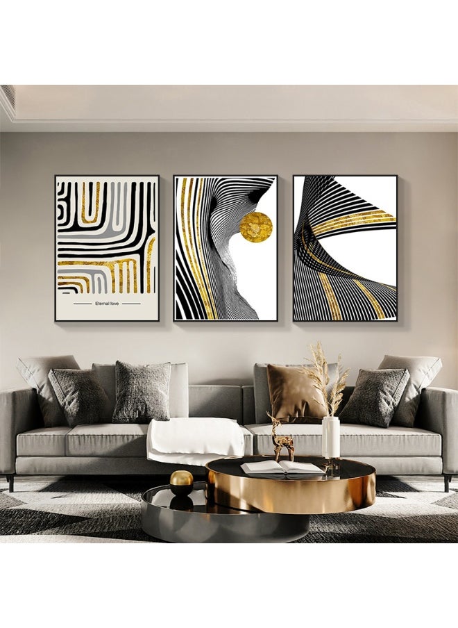 Golden Waves Abstract Set Of 3 Alloy Matt - Black Frame Wall Art