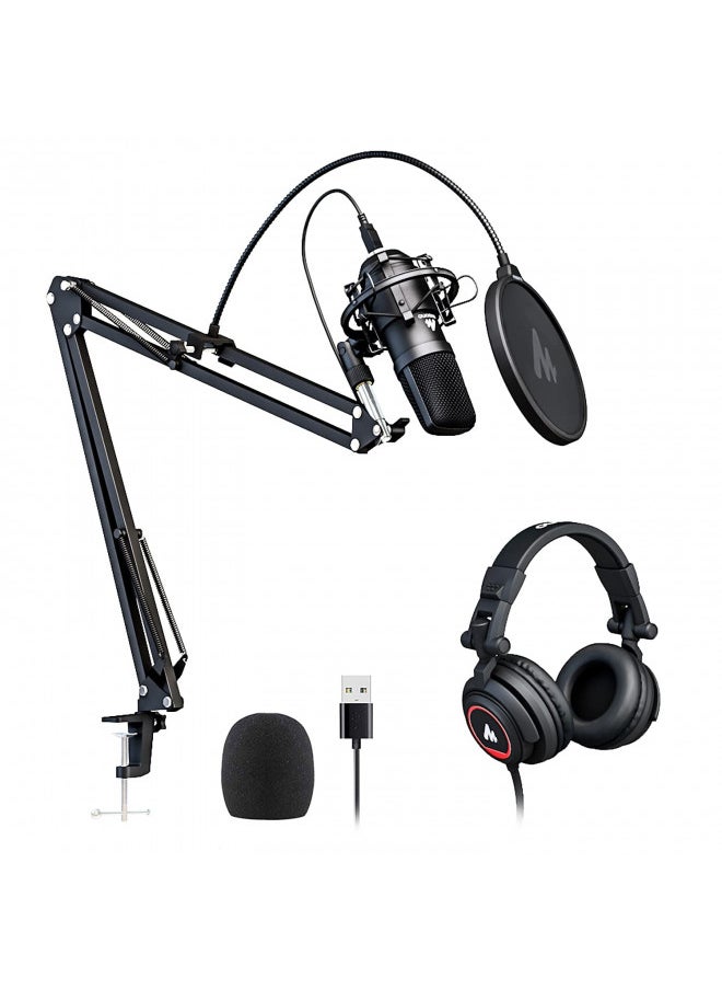 MAONO Microphone with Studio Headphone Set 192kHz/24bit Vocal Condenser Cardioid Podcast Mic Compatible with Mac and Windows, YouTube, Gaming, Live Streaming, Voice-Over (AU-A04H)