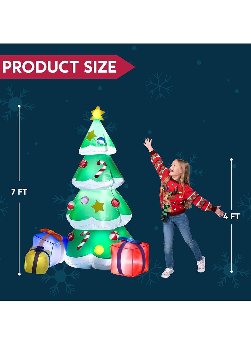 7 Ft LED Light Up Giant Christmas Tree Inflatable with 3 Gift Wrapped Boxes Perfect for Blow Up Yard Decoration, Indoor Outdoor Yard Garden Christmas Decoration