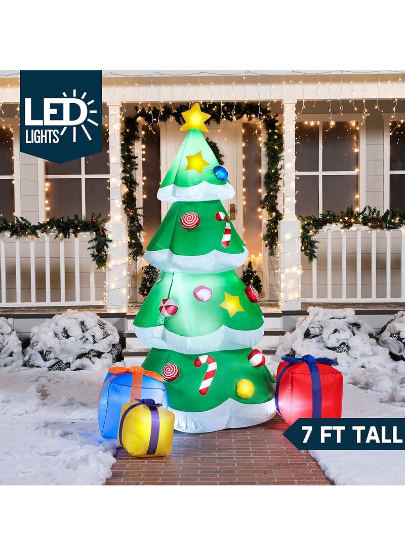 7 Ft LED Light Up Giant Christmas Tree Inflatable with 3 Gift Wrapped Boxes Perfect for Blow Up Yard Decoration, Indoor Outdoor Yard Garden Christmas Decoration