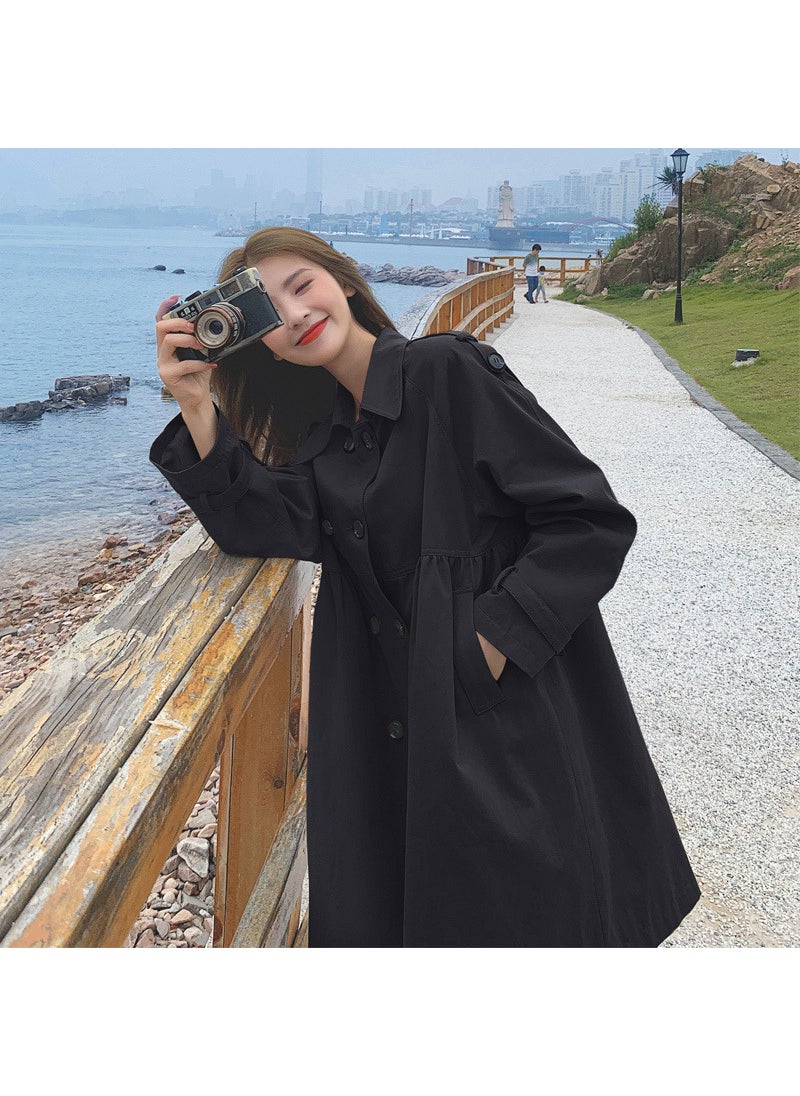 Khaki Trench Coat Women Mid-Length 2024 Spring Autumn French Double-Breasted Korean Loose-Fit Petite Jacket Black [fabric with lining]