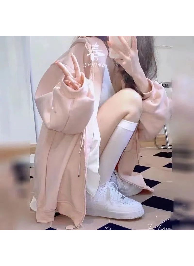 2024 Casual Pink Cardigan Hoodie for Women Gray white [fabric]]