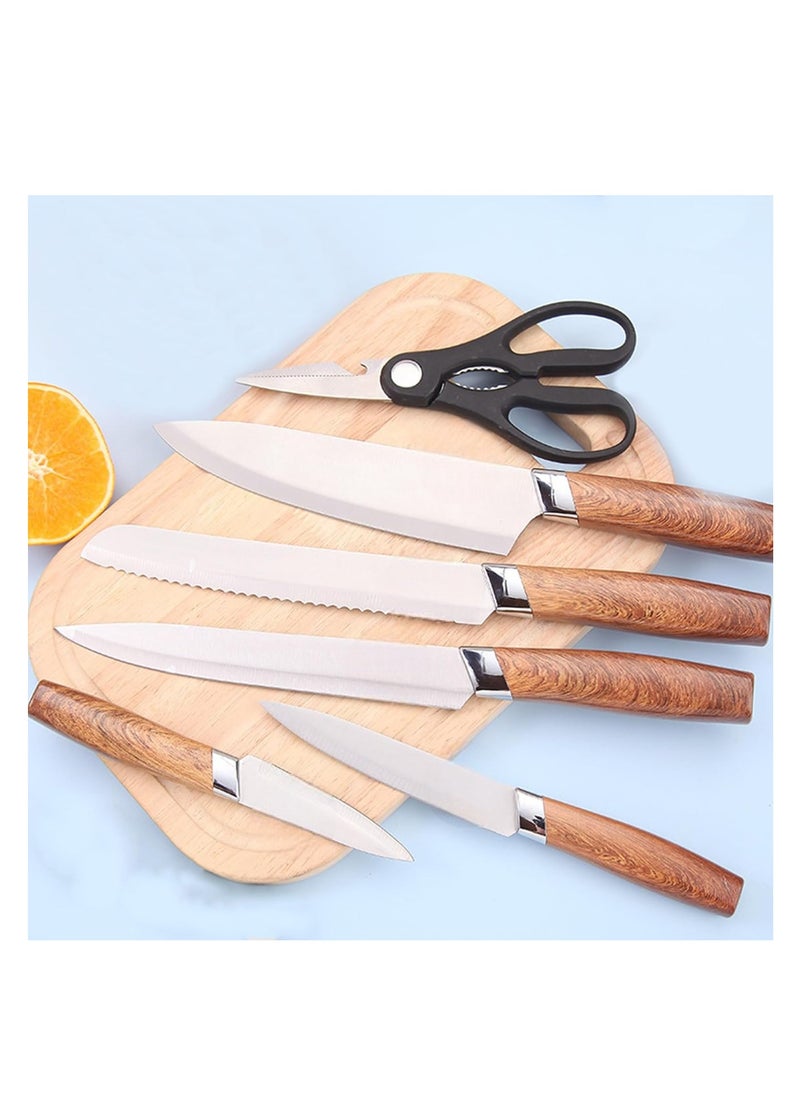 Professional Knife Set with Kitchen Shears on Heart-Shaped Wooden Cutting Board – Chef’s Knife, Serrated Utility Knife, Paring Knife, Wooden Handles, Stainless Steel Blades