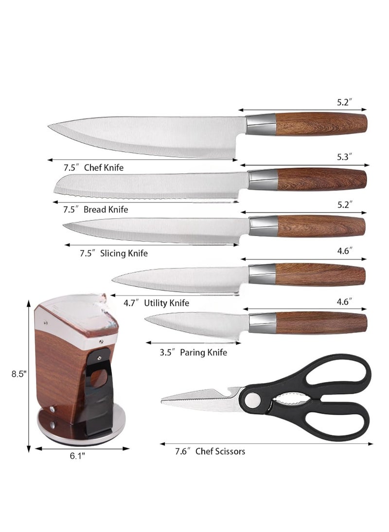 Professional Knife Set with Kitchen Shears on Heart-Shaped Wooden Cutting Board – Chef’s Knife, Serrated Utility Knife, Paring Knife, Wooden Handles, Stainless Steel Blades