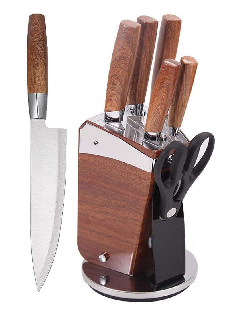 Professional Knife Set with Kitchen Shears on Heart-Shaped Wooden Cutting Board – Chef’s Knife, Serrated Utility Knife, Paring Knife, Wooden Handles, Stainless Steel Blades