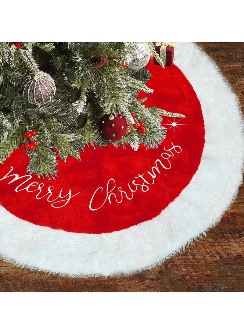 Christmas Tree Skirt 48in/120cm Christmas Tree Decorations Indoor Rustic Xmas Tree Skirts with White Plush Edge for Holiday Merry Christmas Party Home Decor