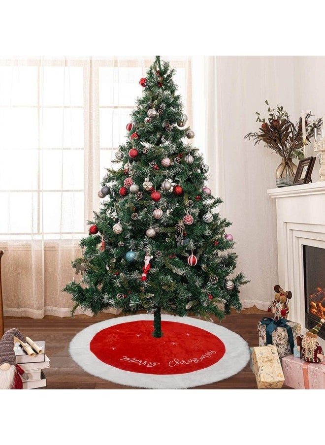 Christmas Tree Skirt, 48inches Xmas Large Tree Skirt Red and Snowy White Tree Mat Faux Fur Christmas Decoration