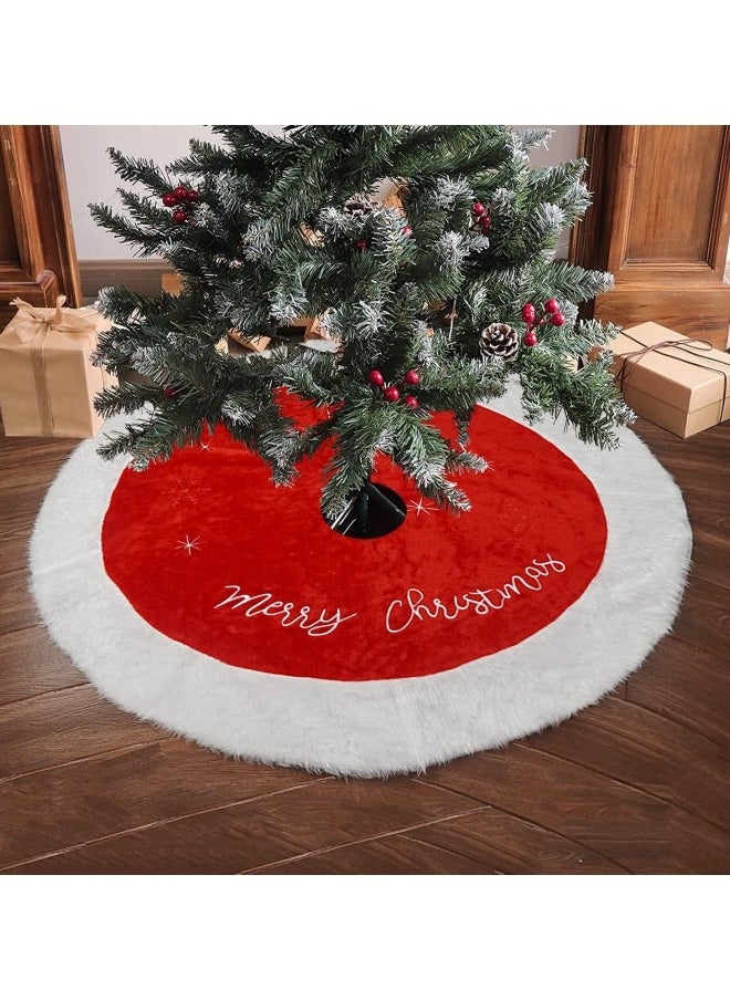 Christmas Tree Skirt, 48inches Xmas Large Tree Skirt Red and Snowy White Tree Mat Faux Fur Christmas Decoration