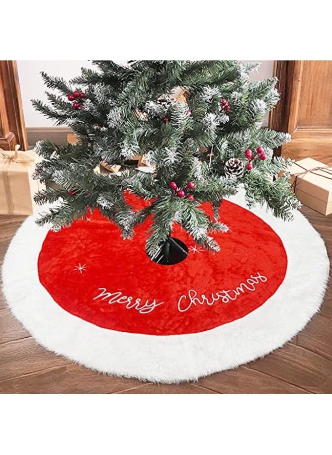 Christmas Tree Skirt, 48inches Xmas Large Tree Skirt Red and Snowy White Tree Mat Faux Fur Christmas Decoration