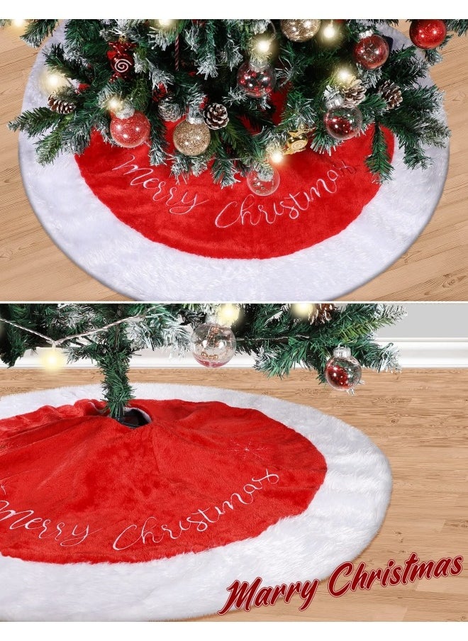 Christmas Tree Skirt, 48inches Xmas Large Tree Skirt Red and Snowy White Tree Mat Faux Fur Christmas Decoration