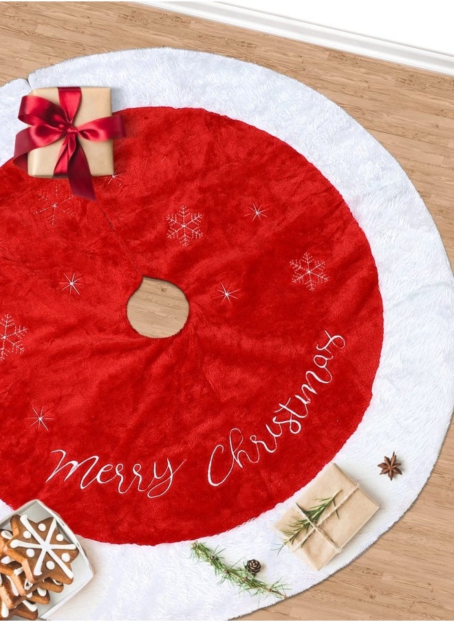 Christmas Tree Skirt, 48inches Xmas Large Tree Skirt Red and Snowy White Tree Mat Faux Fur Christmas Decoration