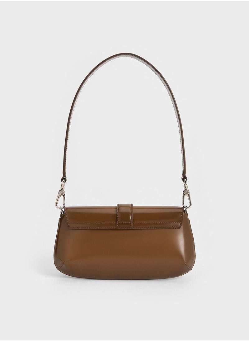 CHARLES & KEITH Crossbody Bag Gabine Leather Elongated Shoulder Bag - Brown