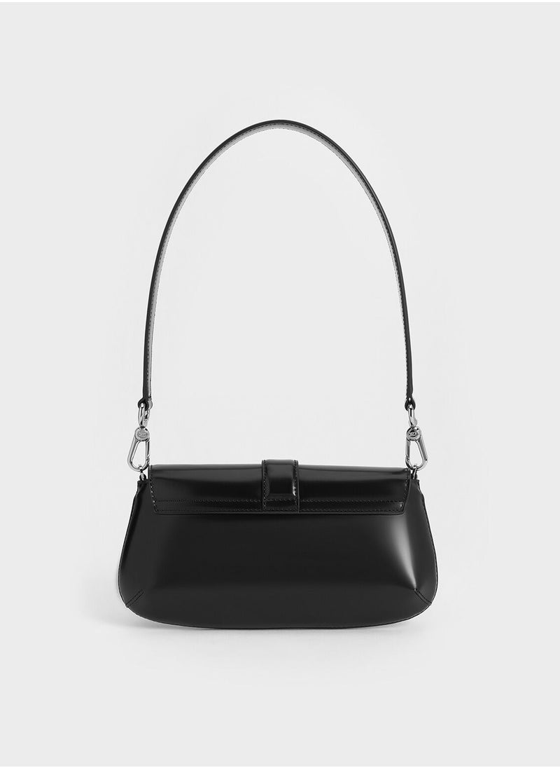 CHARLES & KEITH Crossbody Bag Gabine Leather Elongated Shoulder Bag - Black