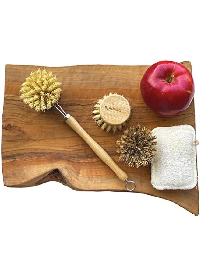 Natural Dish Brush, 3 Replacement Heads, Kitchen Eco Bamboo Scrubber Brushes, Extra Plant Sponge, Plastic Free Washing Up, Zero Waste Cleaning