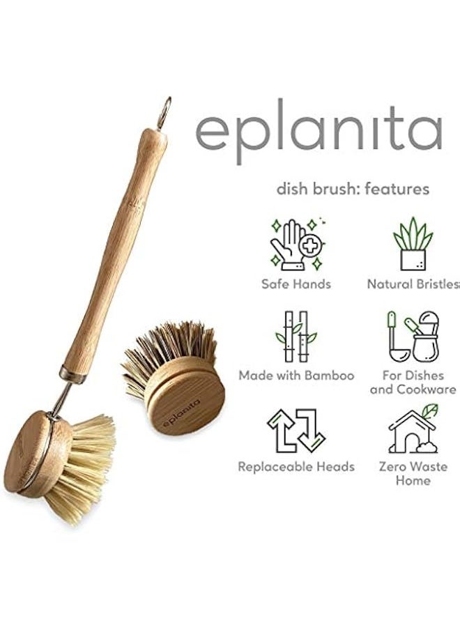 Natural Dish Brush, 3 Replacement Heads, Kitchen Eco Bamboo Scrubber Brushes, Extra Plant Sponge, Plastic Free Washing Up, Zero Waste Cleaning