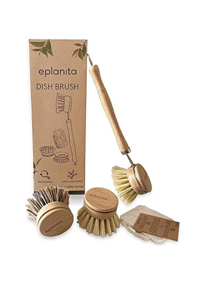 Natural Dish Brush, 3 Replacement Heads, Kitchen Eco Bamboo Scrubber Brushes, Extra Plant Sponge, Plastic Free Washing Up, Zero Waste Cleaning