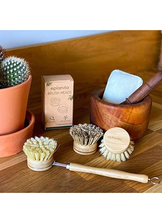 Natural Dish Brush, 3 Replacement Heads, Kitchen Eco Bamboo Scrubber Brushes, Extra Plant Sponge, Plastic Free Washing Up, Zero Waste Cleaning