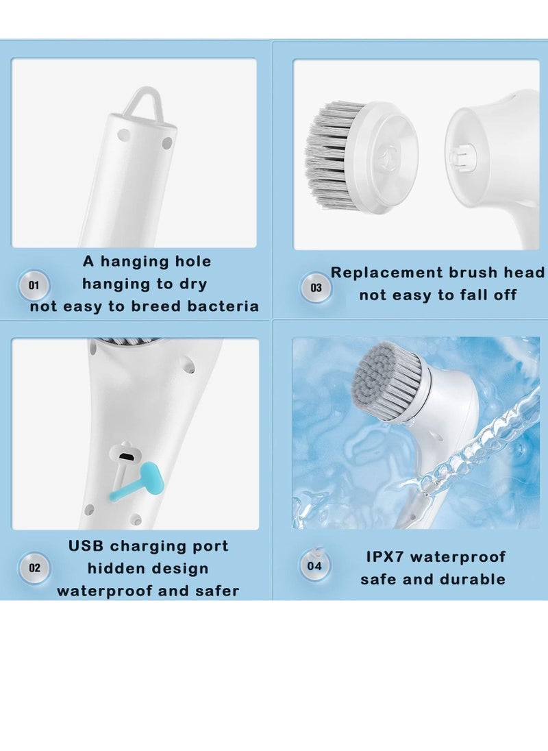 Cordless Electric Rotary Scrubber, Portable Electric Cleaning Brush with 5 Brush Heads, Electric Scrubber 360° Smart Rotating Handheld Scrubber Brush for Plates, Pots, Walls, Kitchen, Shoes