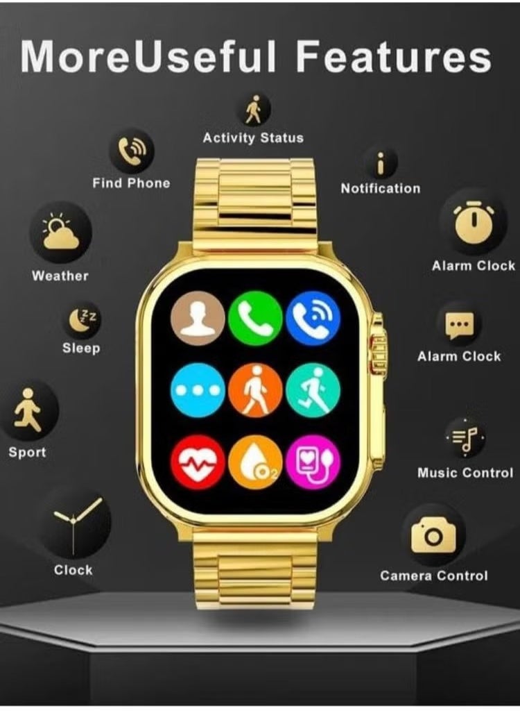 Smart Watch for Men X8 Ultra Max Stainless Steel Band and Silicone Watch Starp Smart Watch 8 Series 49mm Band Gold Edition Compatible With Android iOS