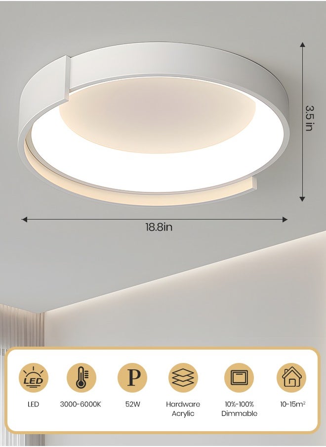 LED Ceiling Light, Dimmable Flush Ceiling Light with Remote Control 3000-6000K Soft Light, 18.8” Black LED Light for Bedroom, Living Room, Library, Corridor,52W