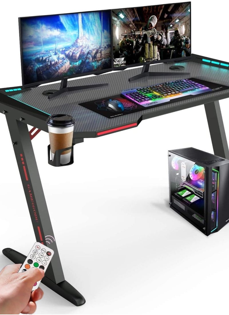 Gaming Desk with Remote Control RGB Lights PC Computer Desk Z Shaped Gamer Home Office Computer Desk Table with Handle Rack Cup Holder & Headphone Hook