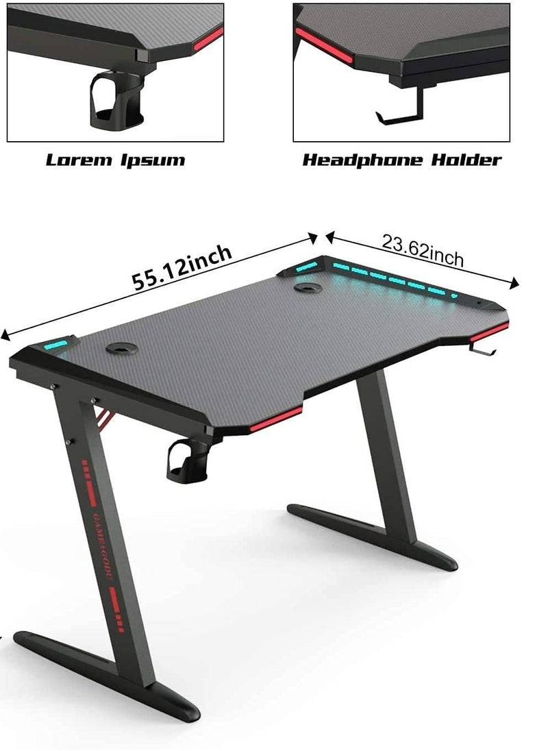 Gaming Desk with Remote Control RGB Lights PC Computer Desk Z Shaped Gamer Home Office Computer Desk Table with Handle Rack Cup Holder & Headphone Hook