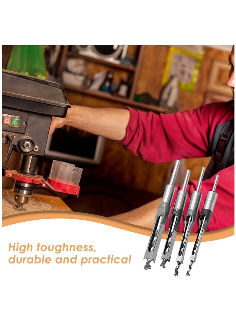 Square Hole Drill Bits for Wood, 4 PCS Woodworking Hole Saw Mortising Chisel Drill Bits,(Size: 6.4mm/8mm/9.5mm/12.7mm)