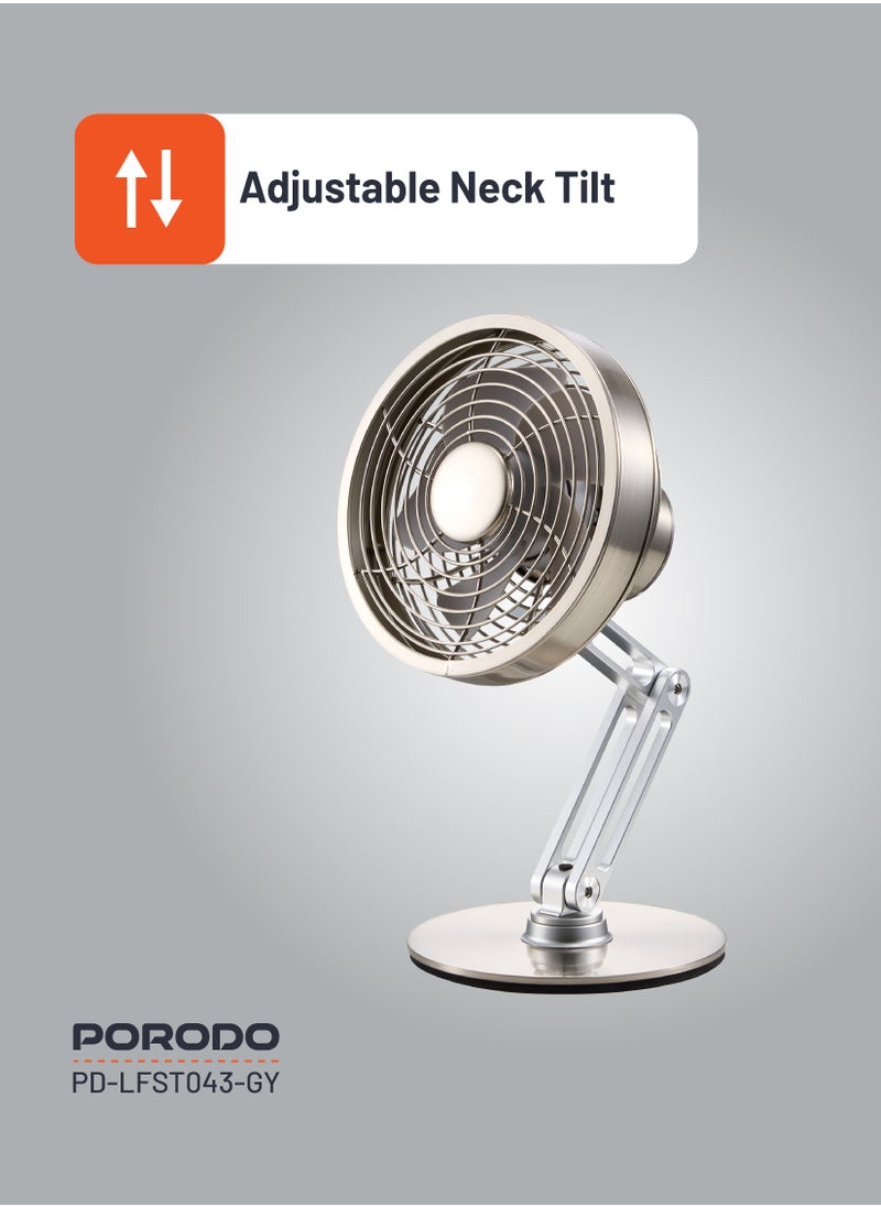 Mini Metal Desk Fan / Compact & Portable / Adjustable Height & Angle / Adjustable Neck Tilt /  3 Speed Levels / 360° Rotating Base - Grey