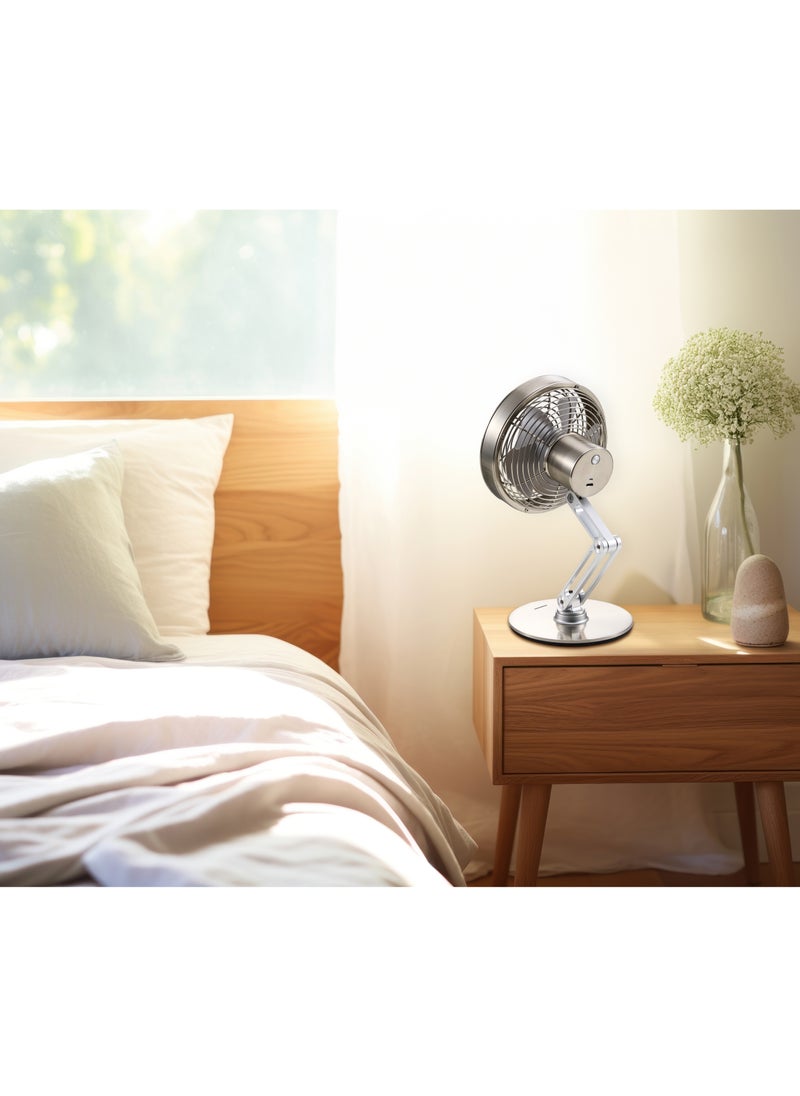 Mini Metal Desk Fan / Compact & Portable / Adjustable Height & Angle / Adjustable Neck Tilt /  3 Speed Levels / 360° Rotating Base - Grey