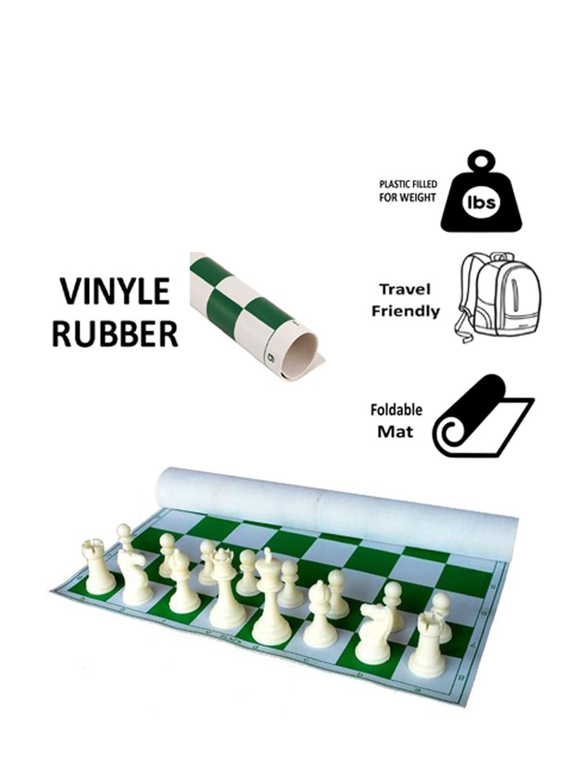 Ston Kraft 18.2'' x 18.2'' Tournament Chess Vinyl Foldable Chess Game with Solid Plastic Pieces (with Two Extra Queens + Vinly Pouch) - for Professional Chess Players - Green