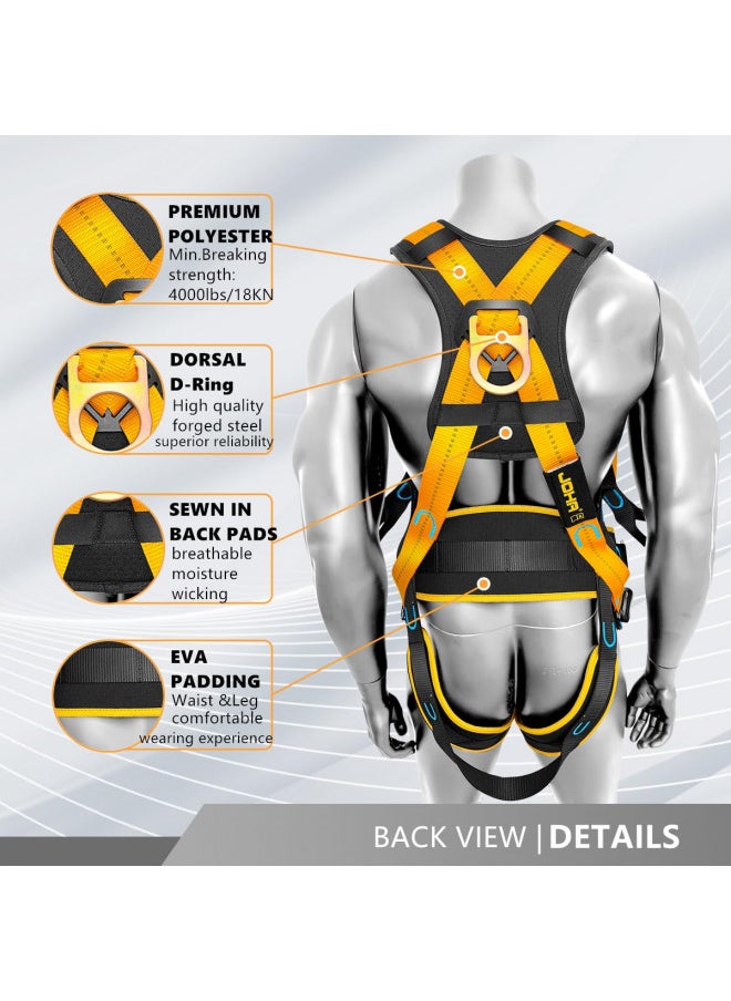 Ymachray Fall Protection Full-Body Safety Harness, Vented & Padded Shoulder, Legs & Back, 6 Thick Back Support Belt,5 Heavy Duty D-rings, Tongue Buckle, Quick Release (OSHA/ANSI)