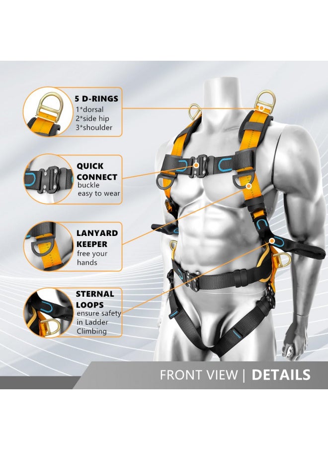 Ymachray Fall Protection Full-Body Safety Harness, Vented & Padded Shoulder, Legs & Back, 6 Thick Back Support Belt,5 Heavy Duty D-rings, Tongue Buckle, Quick Release (OSHA/ANSI)