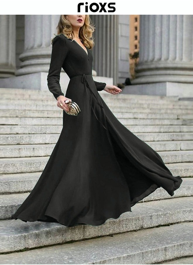 Women's Elegant V-neck Long Sleeve Dress Flowy Belted Maxi Dress for Special Occasions