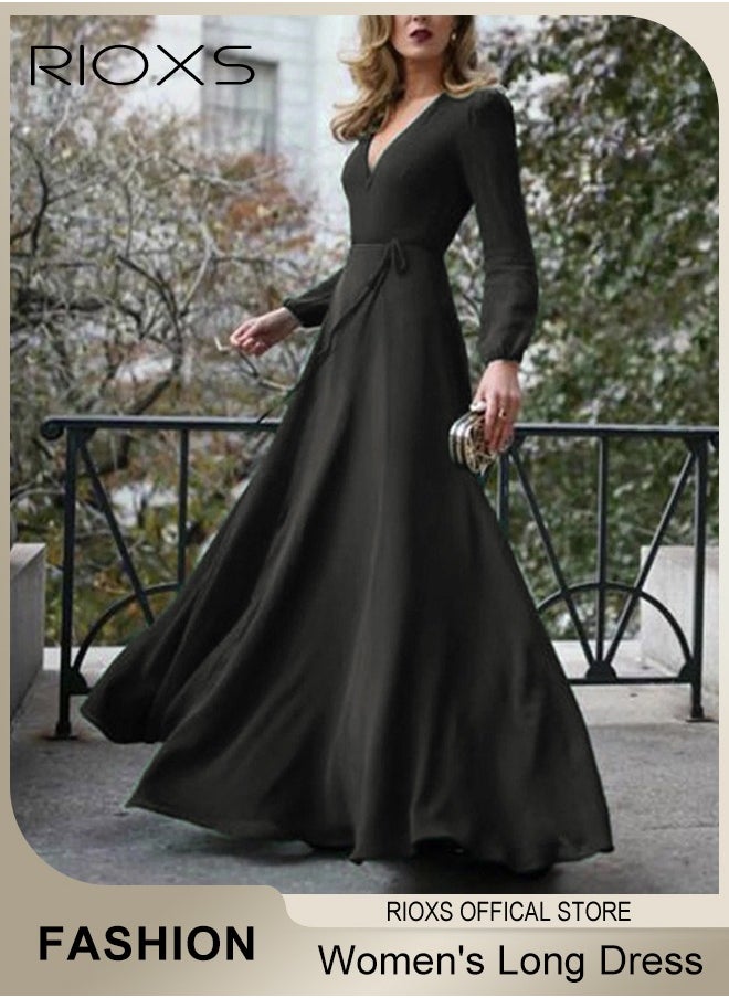 Women's Elegant V-neck Long Sleeve Dress Flowy Belted Maxi Dress for Special Occasions