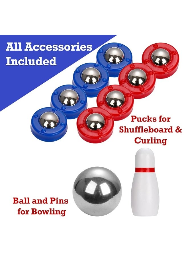 Sterling Games Tabletop Shuffleboard, Bowling and Curling 3 in 1 Combo Game Set, Two Sided Wooden Arcade Game Board with Pucks and Bowling Pins, a Table Top Game for Kids and Family