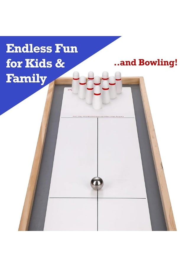 Sterling Games Tabletop Shuffleboard, Bowling and Curling 3 in 1 Combo Game Set, Two Sided Wooden Arcade Game Board with Pucks and Bowling Pins, a Table Top Game for Kids and Family