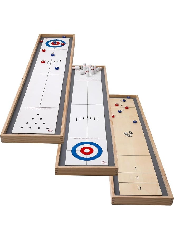 Sterling Games Tabletop Shuffleboard, Bowling and Curling 3 in 1 Combo Game Set, Two Sided Wooden Arcade Game Board with Pucks and Bowling Pins, a Table Top Game for Kids and Family