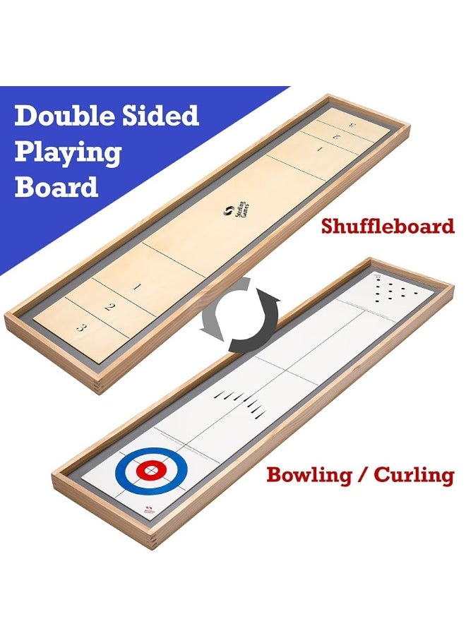 Sterling Games Tabletop Shuffleboard, Bowling and Curling 3 in 1 Combo Game Set, Two Sided Wooden Arcade Game Board with Pucks and Bowling Pins, a Table Top Game for Kids and Family