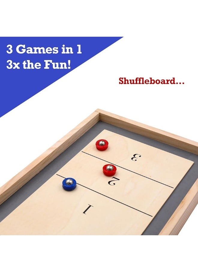 Sterling Games Tabletop Shuffleboard, Bowling and Curling 3 in 1 Combo Game Set, Two Sided Wooden Arcade Game Board with Pucks and Bowling Pins, a Table Top Game for Kids and Family