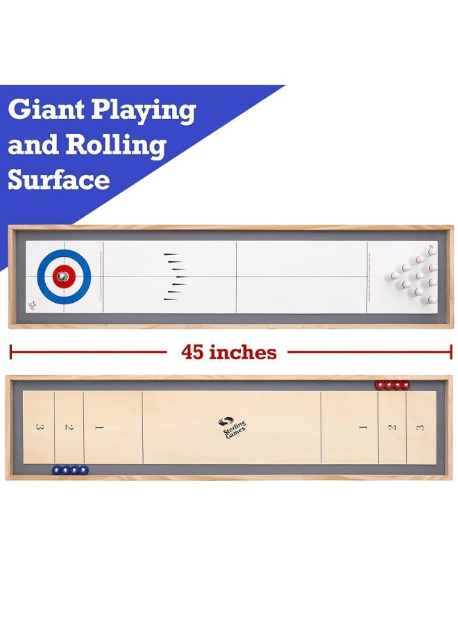 Sterling Games Tabletop Shuffleboard, Bowling and Curling 3 in 1 Combo Game Set, Two Sided Wooden Arcade Game Board with Pucks and Bowling Pins, a Table Top Game for Kids and Family