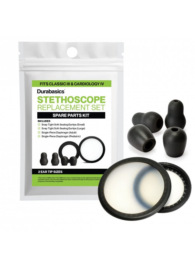 Durabasics Classic 3, Cardiology 3 & Cardiology 4 Stethoscope Accessories Kit for Littman Stethoscope Replacement Parts & Littmann Stethoscope Parts - Fits Classic III, Cardiology III & IV - Black