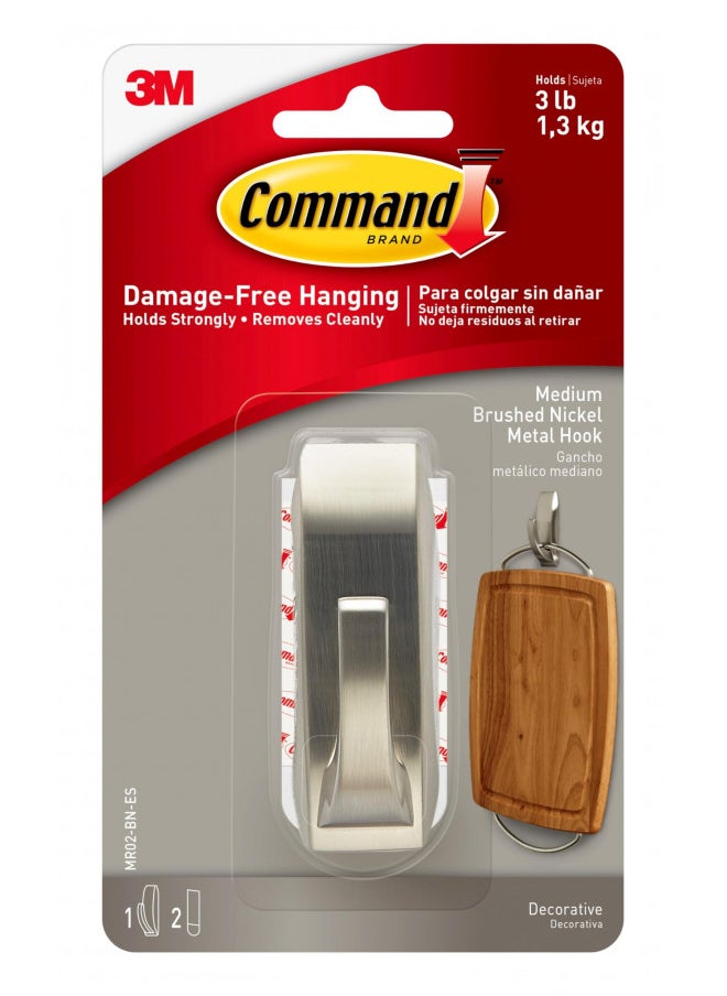 Command Modern Reflections Metal Hook, Medium, Brushed Nickel, 1-Hook, Great for dorm decor