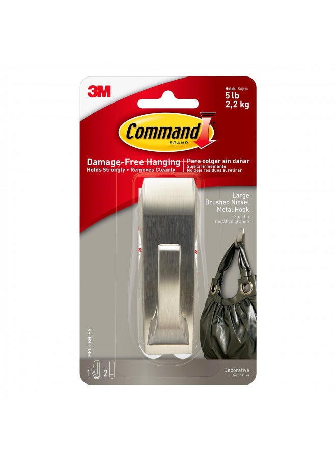 Command Large Modern Reflections Metal Hook, Brushed Nickel, 1-Hook, 2-Strips, Decorate Damage-Free