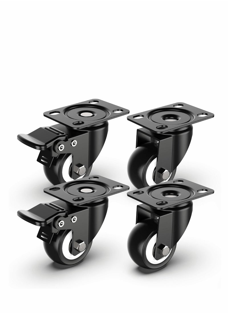 2 Inch Swivel Caster Wheels, Heavy Duty Plate Casters with Safety Brake Total Capacity 600lbs, 360 Degree Rotation Pulley for Set of 4 (2 with Brakes and 2 without)