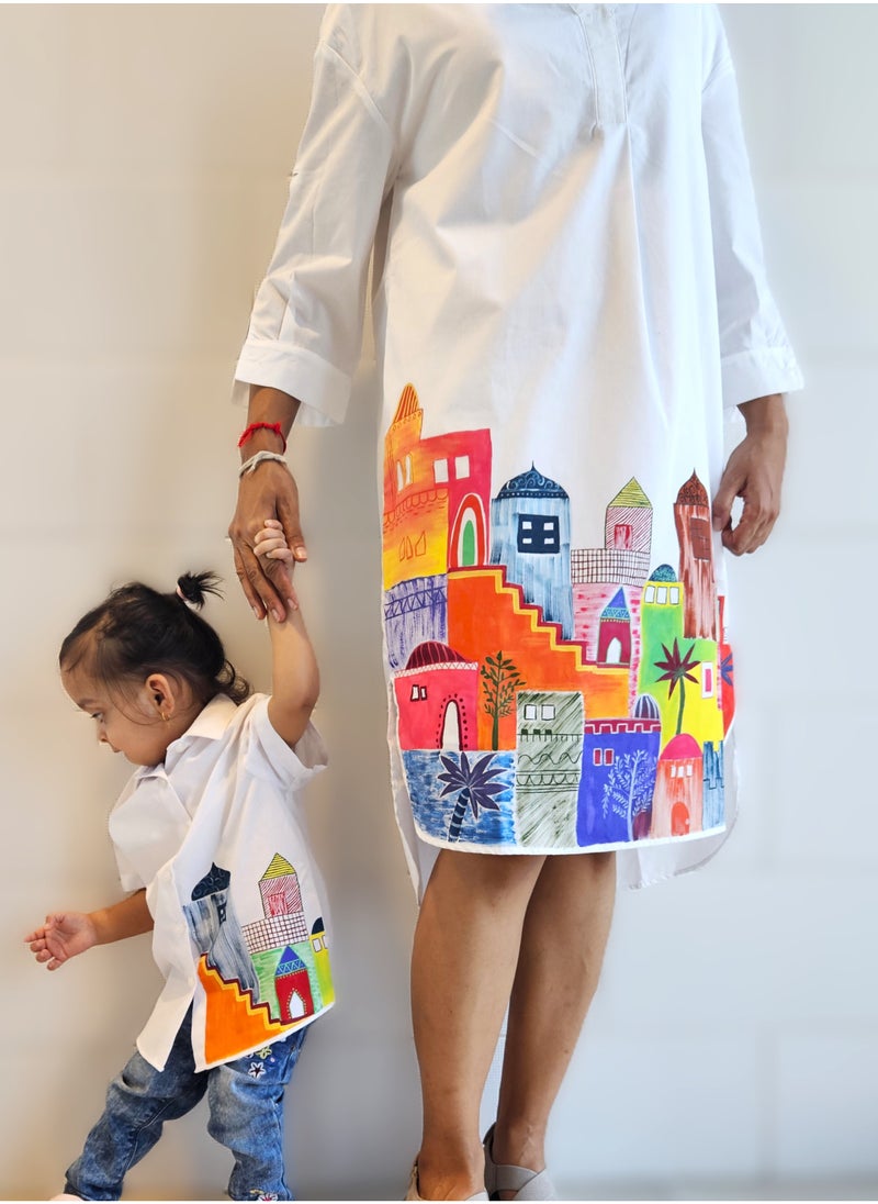 Hand Painted Kids’ Button-Up Shirt, Unique Artistic Design, White Cotton Shirt with Colorful Cartoon Arabian Nights Building Print, Soft & Stylish Outfit for Boys and Girls, Handcrafted Unisex Design