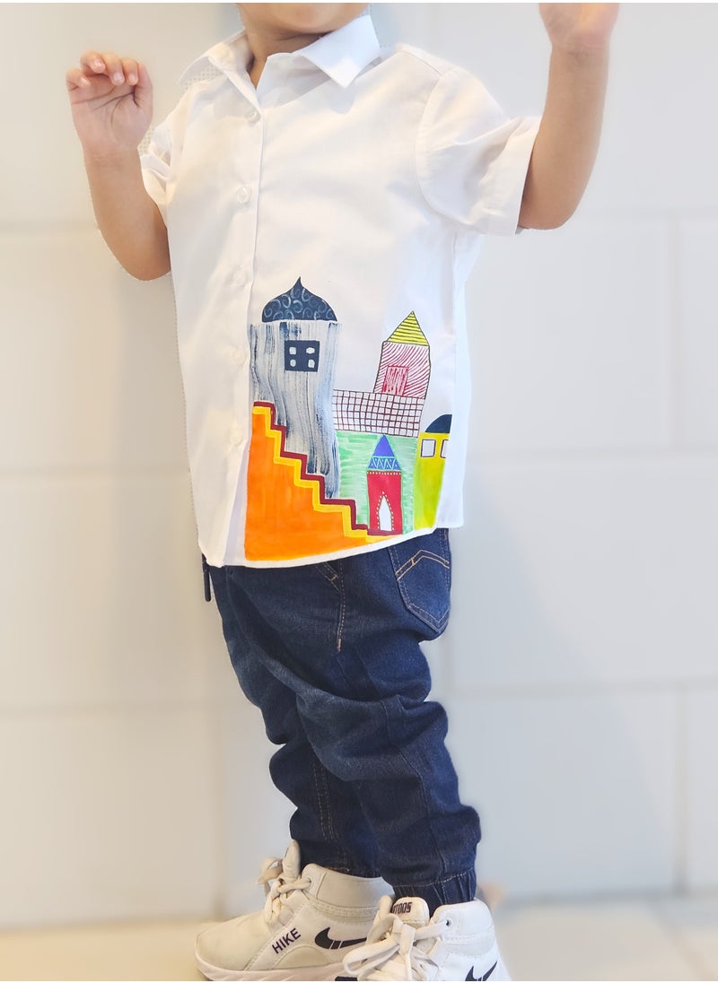 Hand Painted Kids’ Button-Up Shirt, Unique Artistic Design, White Cotton Shirt with Colorful Cartoon Arabian Nights Building Print, Soft & Stylish Outfit for Boys and Girls, Handcrafted Unisex Design