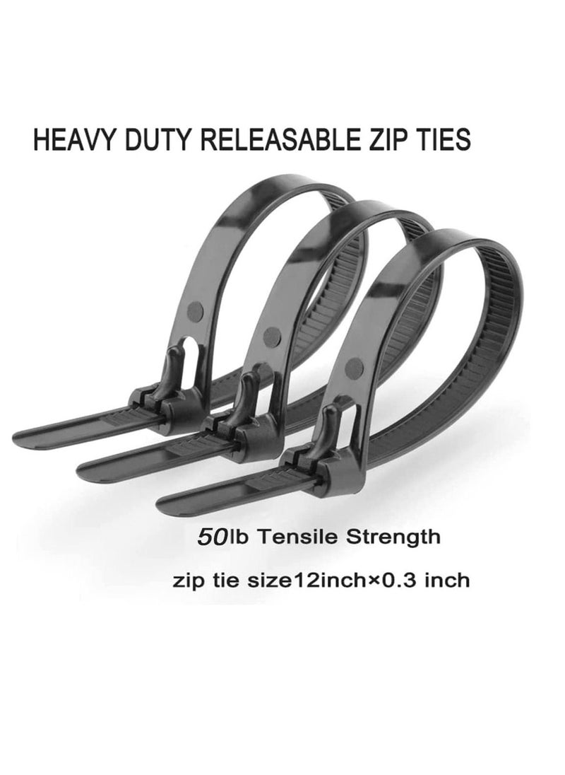 Reusable Zip Ties Heavy Duty Zip Tie Thick Black Cable Ties Reusable 100 Pack 50lb Tensile Strength Nylon Cable Wire Ties for Multi-Purpose Use Indoor And Outdoor Plastic Tie Wire 12 Inch