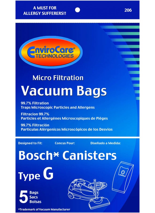 EnviroCare Replacement Micro Filtration Vacuum Cleaner Dust Bags Designed to Fit Bosch Type G Compact Series and Formula Series Canisters. 5 Pack